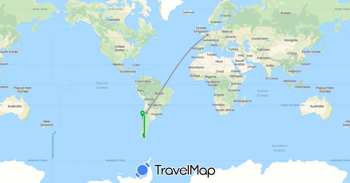TravelMap itinerary: driving, bus, plane in Argentina, Belgium, Chile (Europe, South America)